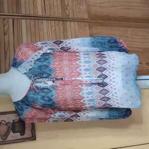 BCBGMaxAzria Ruffle Long Sleeve Pullover Blouse Blue Peach Geometric M